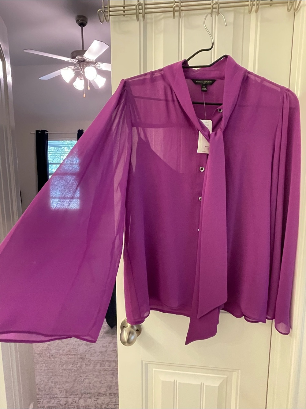 Banana Republic Purple Sheer Tie-Neck Blouse